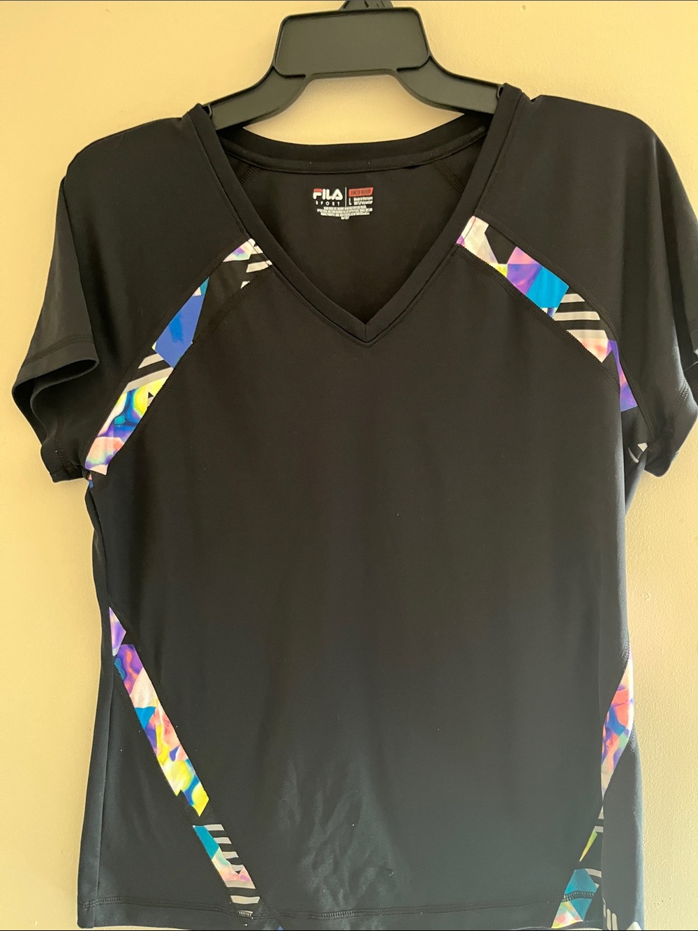 FILA Black V-Neck Performance Tee with Iridescent Multicolor Panels